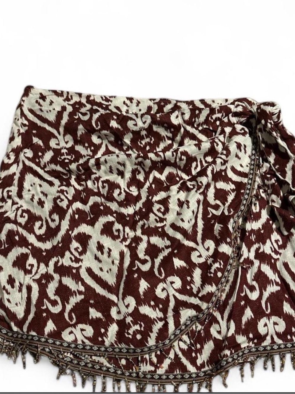 Zara Tribal Beaded Linen Blend Burgundy & White Printed Wrap Skirt